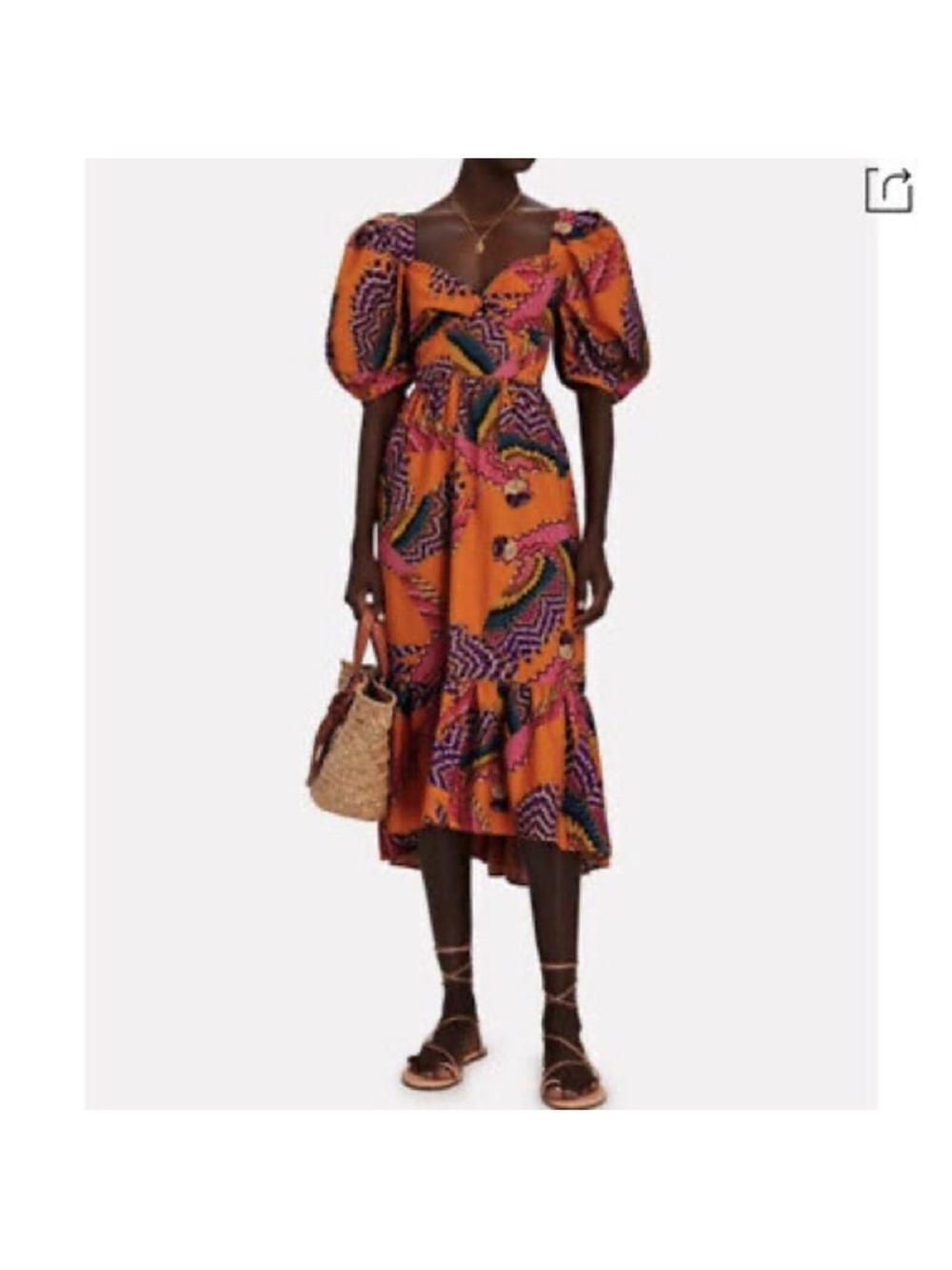Farm Rio Orange Printed Puff-Sleeve Midi Dress size small EUC
